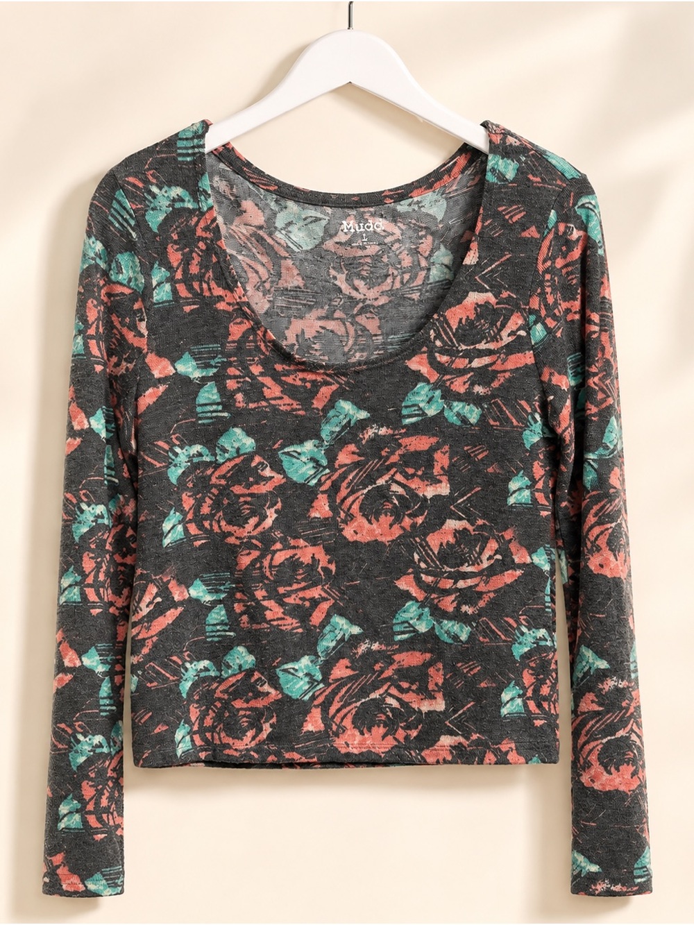 *Super Cute! Y2K Mudd Floral Scoop Neck Long-Sleeve Cropped Top in Coral & Teal